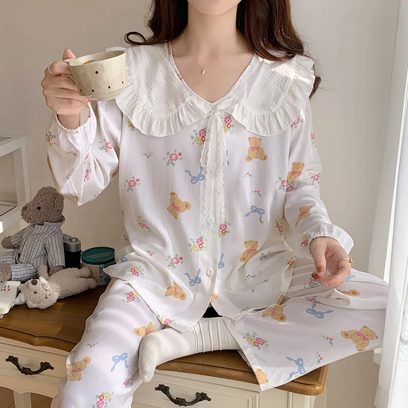 Long Sleeved Pants Pajamas Suit Round Neck Doll Collar Cardigan Nightie French Princess Style Lace Ribbon Cotton Silk Home Wear