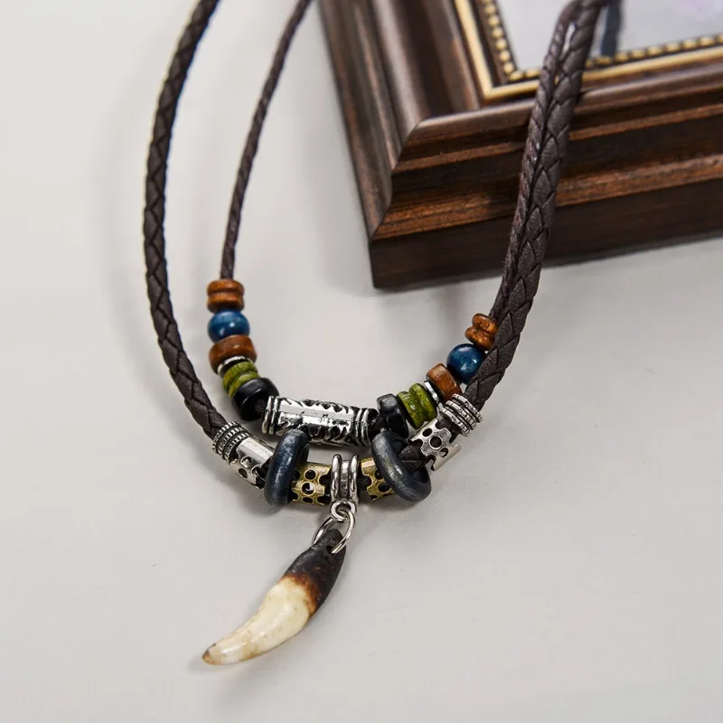 Ethnic Wolf Tooth Necklace Vintage Tribal Leather Braided Beaded Neck Chain Accessory Multi-layer Dogtooth Pendant Jewelry Gifts