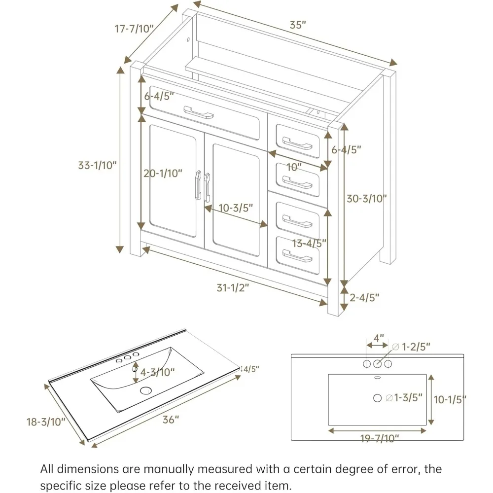36 Inch White Modern Bathroom Sink with Sink, Storage Cabinet with 3 Drawers, Independent Bathroom Sink 2