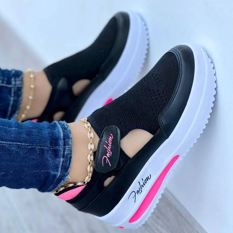 2022 Women Summer Breathable Flats Sneakers Sport Casual Mesh Vulcanized Fashion Ladies Solid Lightweight Walking Platform Shoes