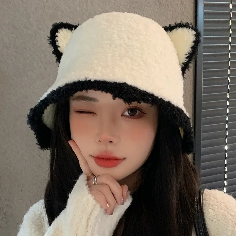Cat Ear Fluffy Faux Fur Bucket Hats Women Rabbit Fur Warm Thick Plush Winter Hat Lady Fashion Luxury Panama Furry Fisherman Cap