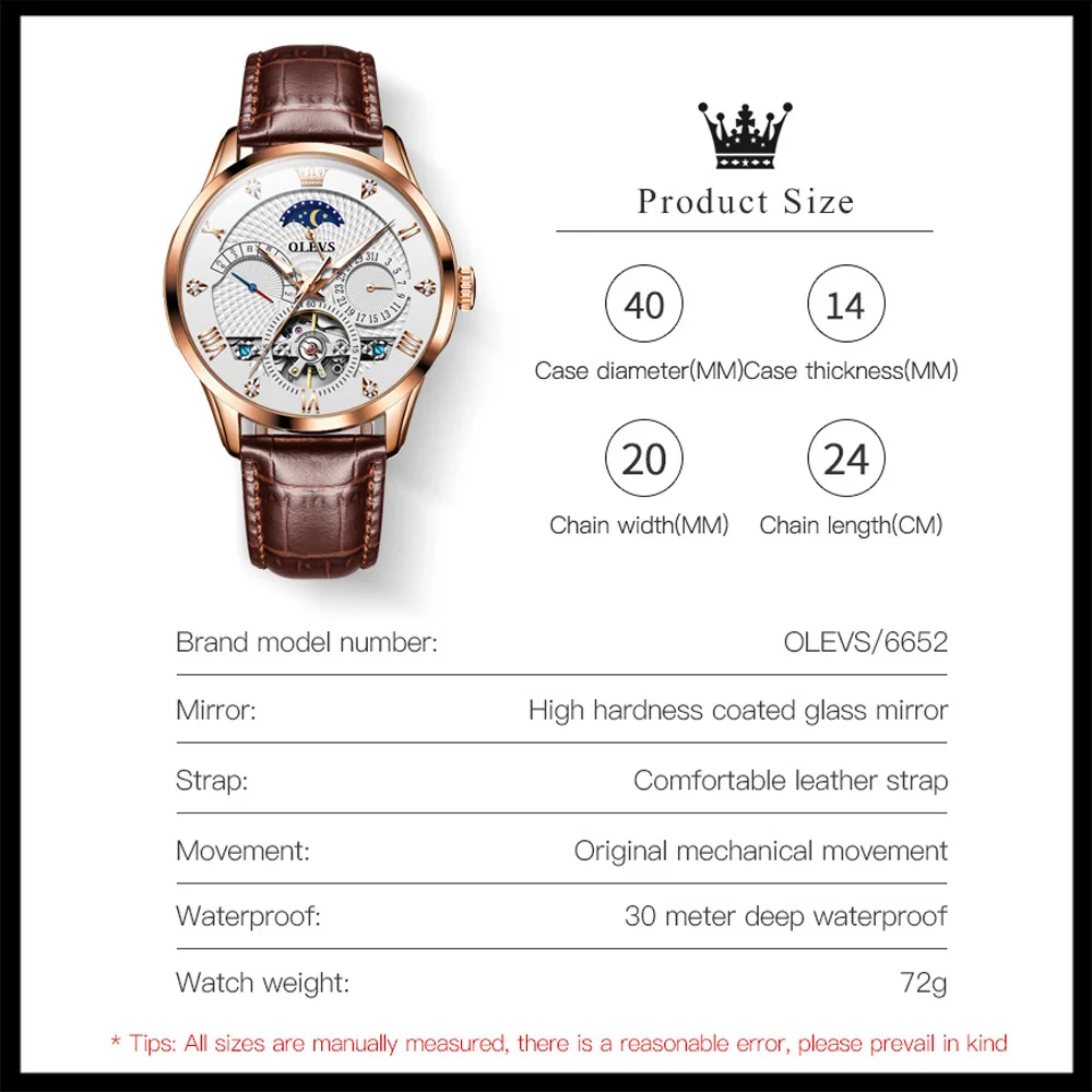 OLEVS Luxury Automatic Mechanical Watch for Men Stainless Steel Calendar Moon Phase Men's Watch Waterproof Luminous Watch Reloj