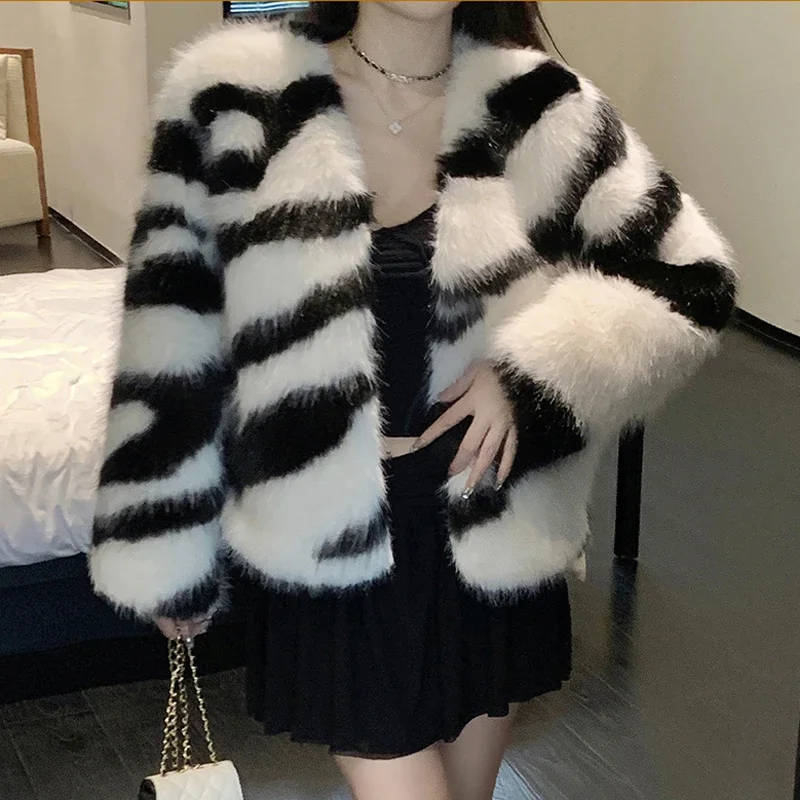 FANIECES Vintage Zebra Striped Print Faux Fur Coat Women Long Sleeve O Neck Shaggy Feather Jacket Fashion Casual Streetwear шуба