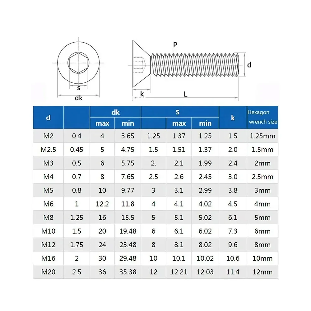 Screw Bolt Nut Set DIN7991 Allen Key Head M2-M6 304 Stainless Steel Hexagon Hex Socket Flat Countersunk Head