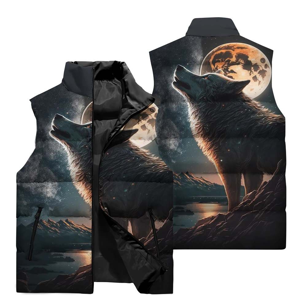thumbnail image 1 of Chaqueta sin mangas con cremallera y bolsillo con cuello alto de nuevo estilo, con estampado de lobo en 3D, para deportes al aire libre, viajes, correr, chaleco cálido resistente al viento, 1 of 5