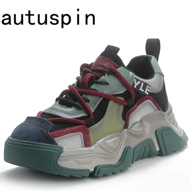 

Autuspin Retro Women Shoes Natural Genuine Leather Platform Vintage Winter Vulcanize Shoe Ladies Chunky Casual Sneakers Handmade