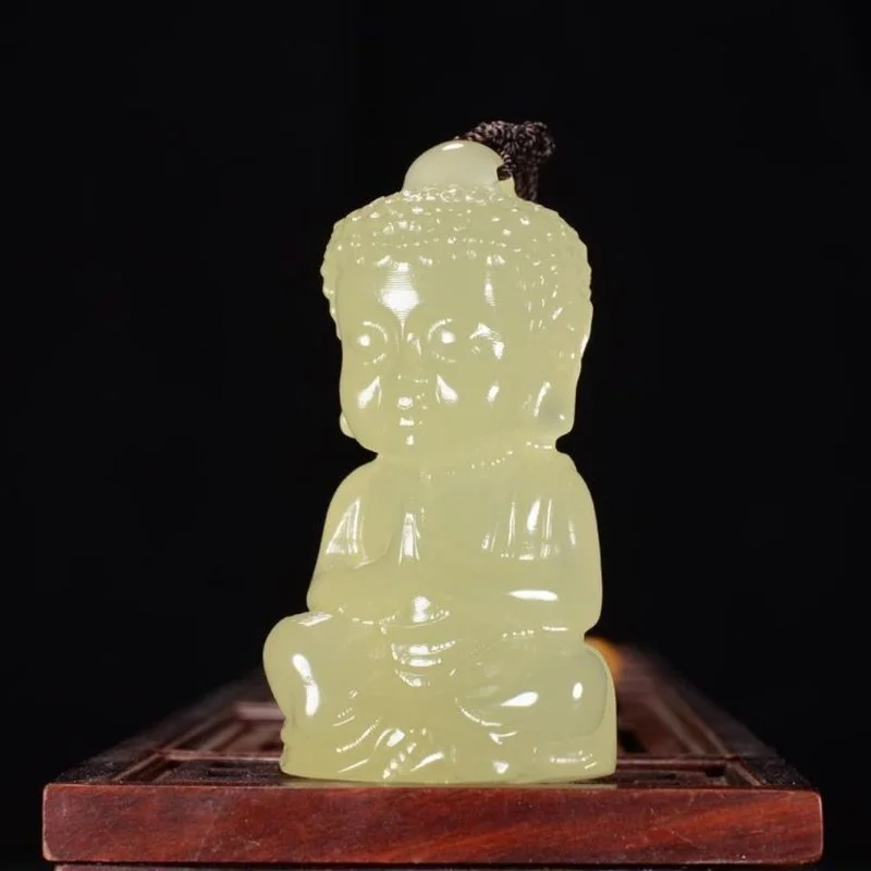 

Natural Green and White Jade Handmade Three-dimensional Carving Baby Buddha Pendant Fashion Jewelry Men's and Women's Necklace