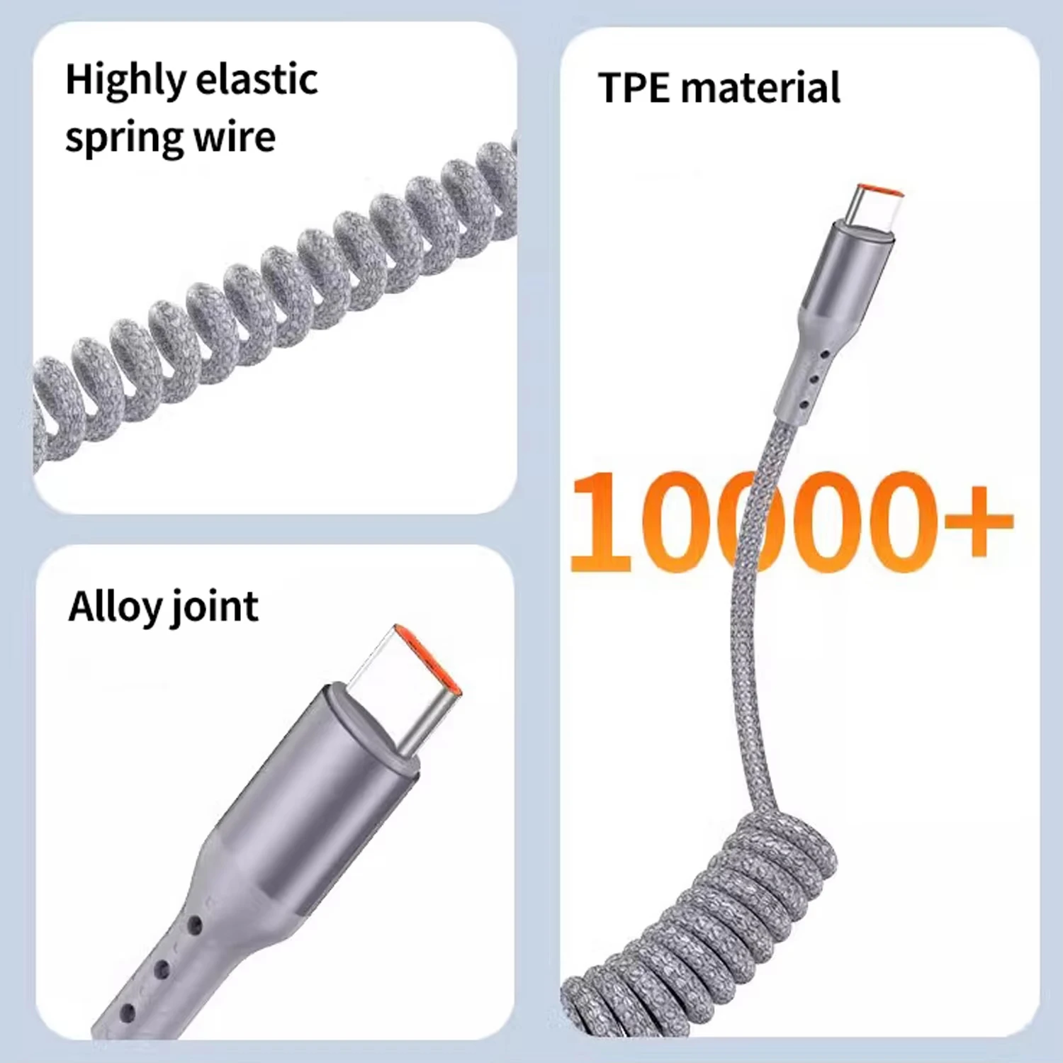90 ° USB-C to 타입 C 코일형 충전 케이블 리트랙터블 고속 충전 브레이디드 코드 아이폰 17/16/15 삼성 갤럭시 S25 S24용