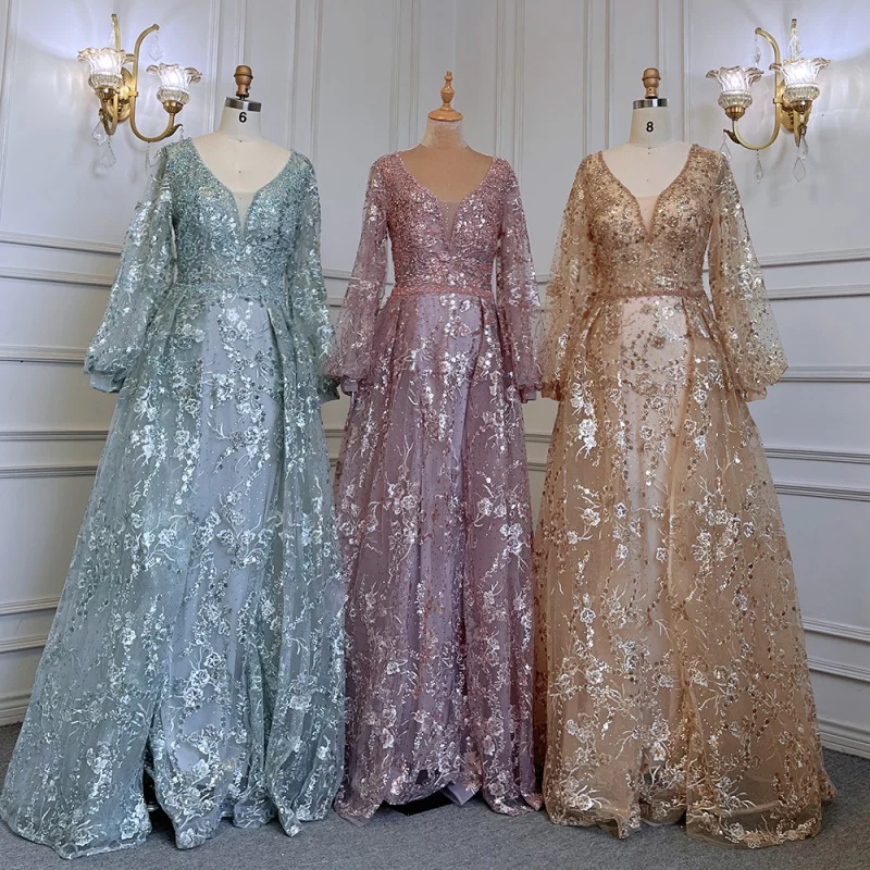 

Sage Green V Neck Puff Sleeves Mother Dress Evening Gown Customized Best Price Over Skirt Formal Party Wear