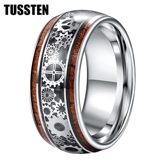 Bague alliance de mariage homme acier noire et incrustation météorite