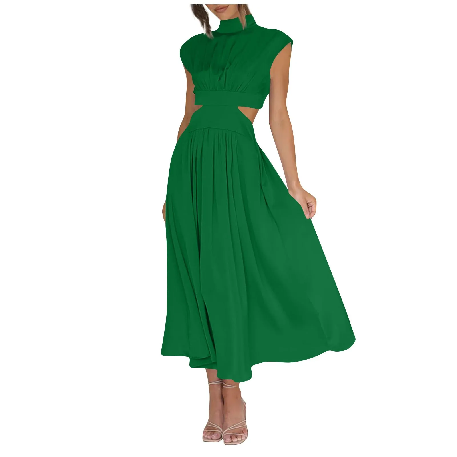 

Women's Solid Color Casual High Neck High Waist Maxi Pocket Korean Fashion Clothing Elegant Sleeveless платье женское