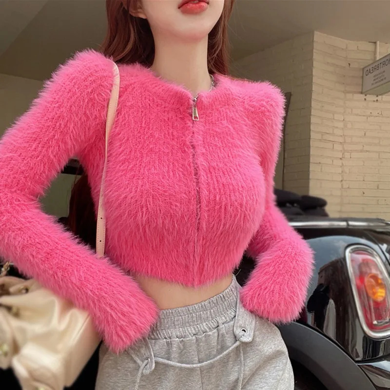 

Autumn New Coat Women Sweater Knitted Cardigan Plush Off Shoulder Short Style Gentleness Mink Zipper Design Female Tops