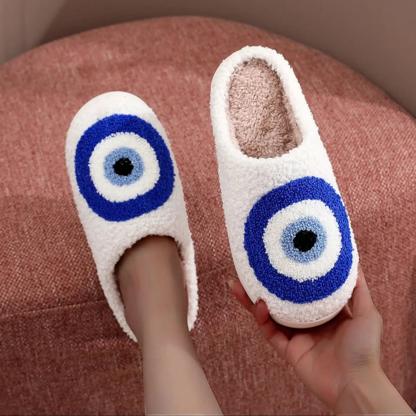 Evil Eyes Pattern Devil's Eye Embroidery stuffed Home Thick Sole plaid Furry Cotton Slippers Cute Warm Non-slip Indoor Slippers Gift Preferred 6