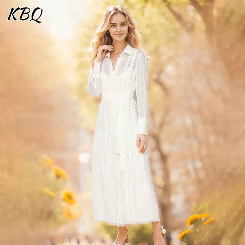 kbq-solid-temperament-spliced-lace-up-dress-for-women-lapel-long-sleeve-high-waist-patchwork-button-elegant-dresses-female-style