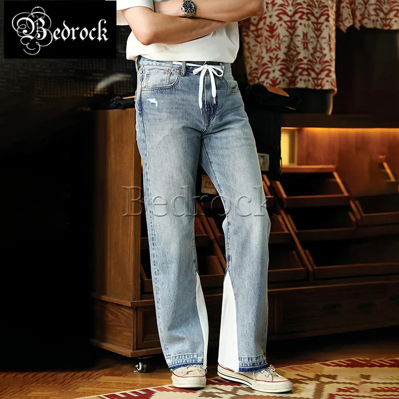 MBBCAR bell-bottoms for men blue 14oz one wash selvedge denim jeans wear out split joint personality special flare pants 7494