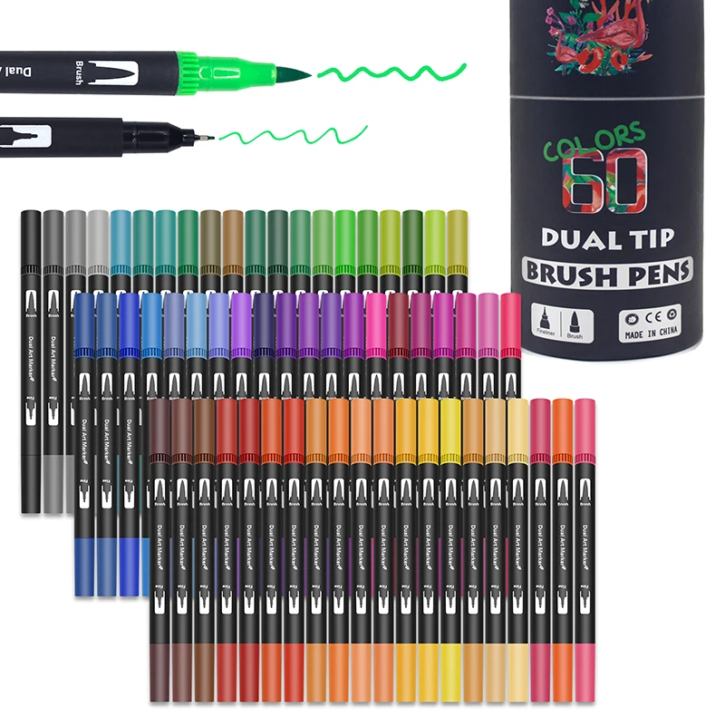 Art Markers Pens Drawing Painting FineLiner Dual Tips Brush Pen 12/24/60/120/132 Colors For Watercolor Calligraphy