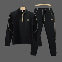 Autumn new men's casual suit stand-up collar half zipper war horse high-end trend simple pullover jacket top pants 1