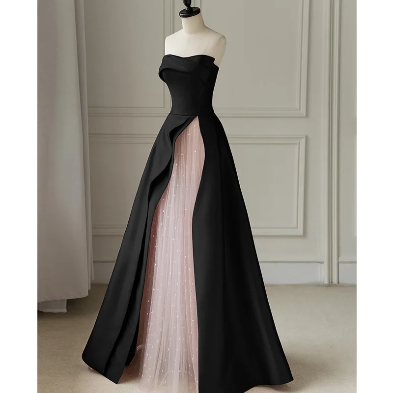 

Evening Dress Black Long Pink Lace Contrast Color New Host Wedding Prom Party Sexy Strapless Gown Robe De Mariée