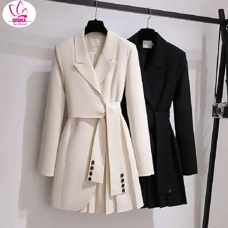 

SUSOLA Trend Trench Coat Dress Women Lady New Spring Autumn Windbreaker Coat Female Oversize 4XL Black White Belt Blazer Vintage