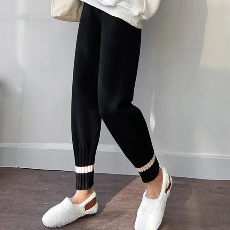 

Knitted Pants Women High Waist Ankle-Length Pants Ladies Office Stretch Baggy Pantalones Autumn Winter Lace Up Casual Trousers