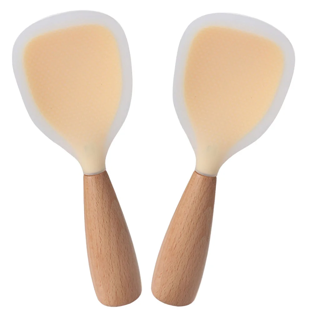 

2pcs Rice Spatula Silicone Rice Spoon Rice Serving Spoon With Wooden Handle Rice Paddle