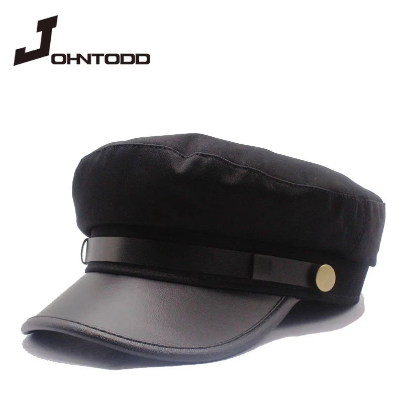 Unisex PU leather hat autumn sailor hat for women men men black female travel student captain army flat top