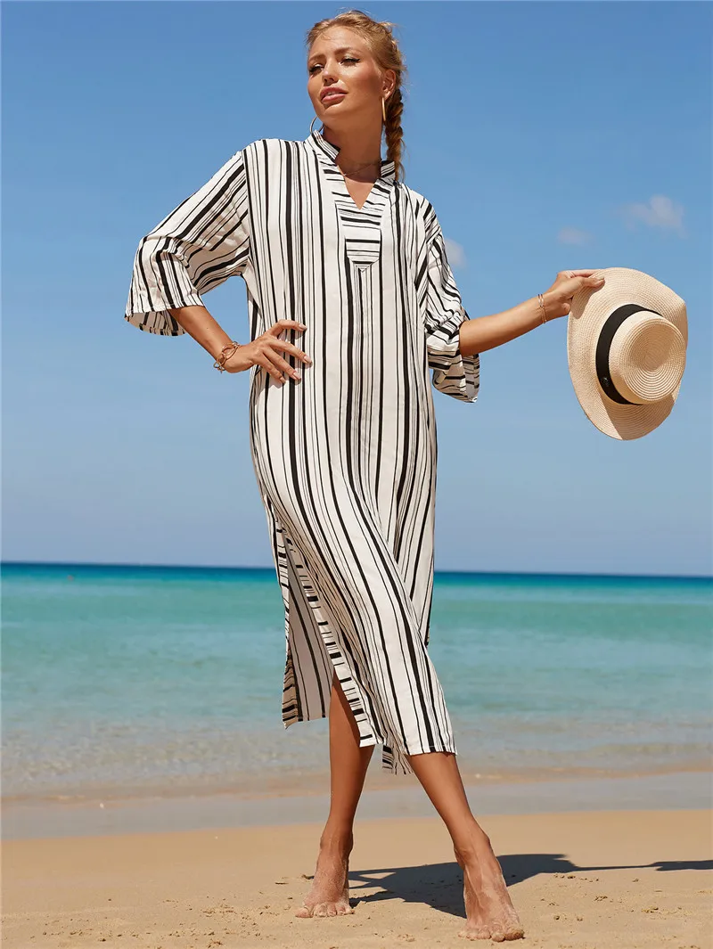 Swimwear Cover Up Dress Women 3/4 Sleeve Bikini Cover Up 2022 New Striped Print Fashion Casual Beach Swimsuit Dress Bathing Suit bikini and cover up set