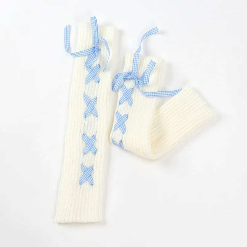 JK Girls Gloves Japanese Kawaii Lolita Fingerless Glove Elbow String Ribbon Ties Up Party Fingerless Gloves Harajuku Leg Warmers