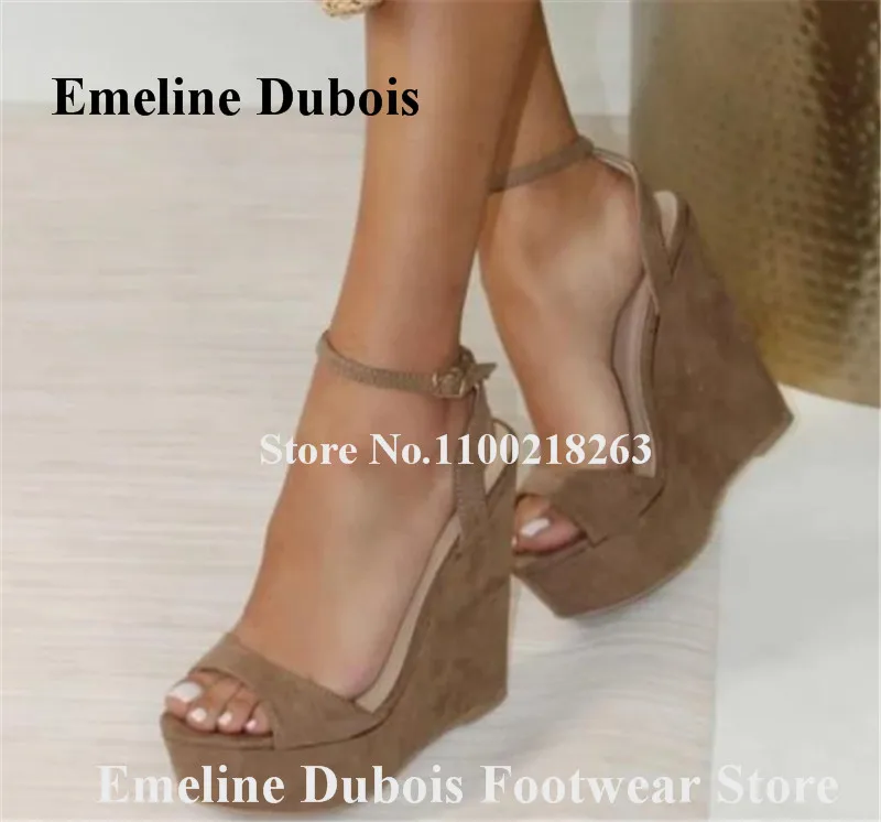 

Suede Wedge Sandals Emeline Dubois Women Fashion Open Toe High Platform Brown Black Beige Wedges Ankle Strap Buckles High Heels