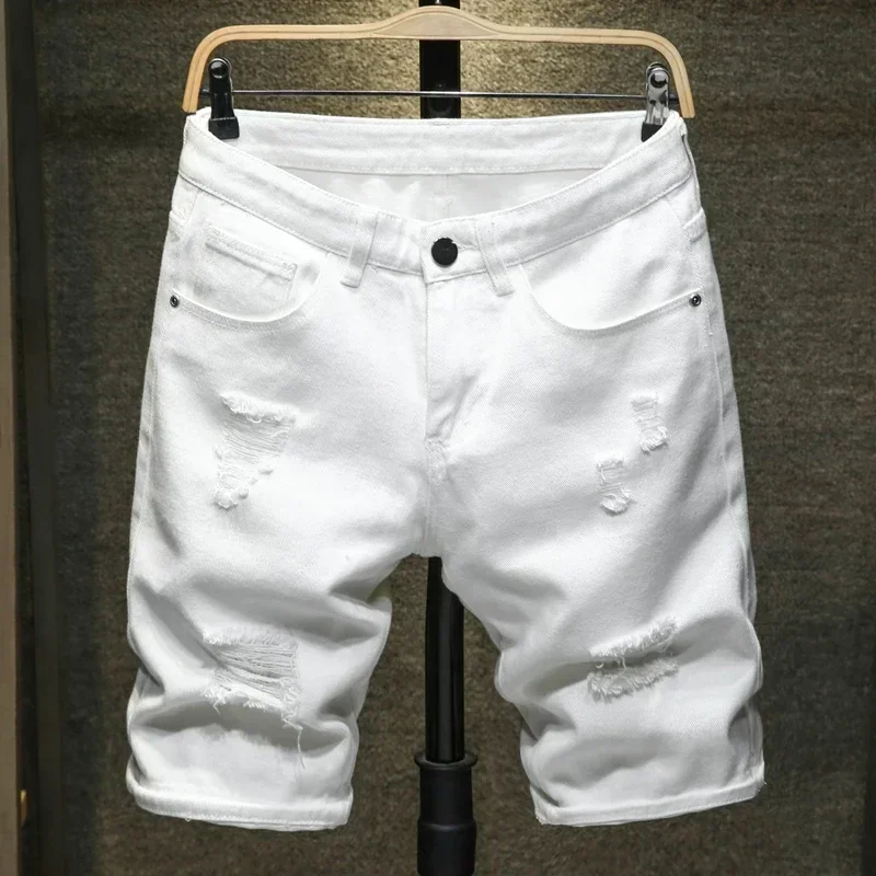 Men's Casual Fashion Straight Denim Shorts Simple Ripped Streetwear Slim Fit Black White