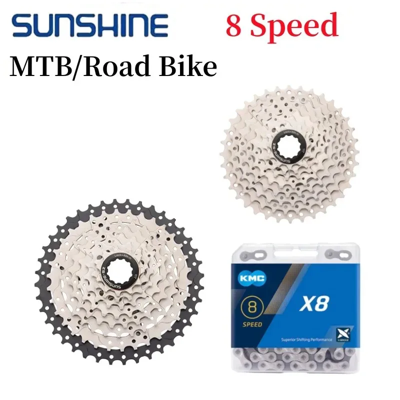 

SUNSHINE 8S Road/MTB Bike Cassette 8 Speed 11-28/30/32/34/36/40/42T Road Bicycle Freewheel with KMC X8 Chain for Road Bike Kit