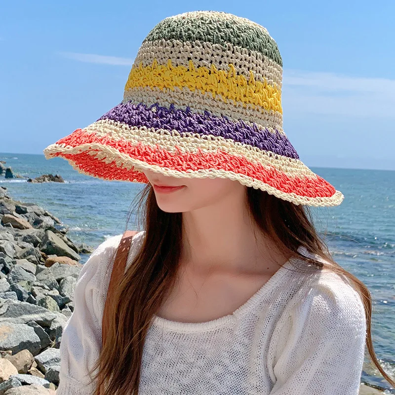 

Шляпа женская Соломенная Радужная, солнцезащитный козырек ручной работы, вязаная крючком Панама с большими полями, модная пляжная в стиле бохо, летняя