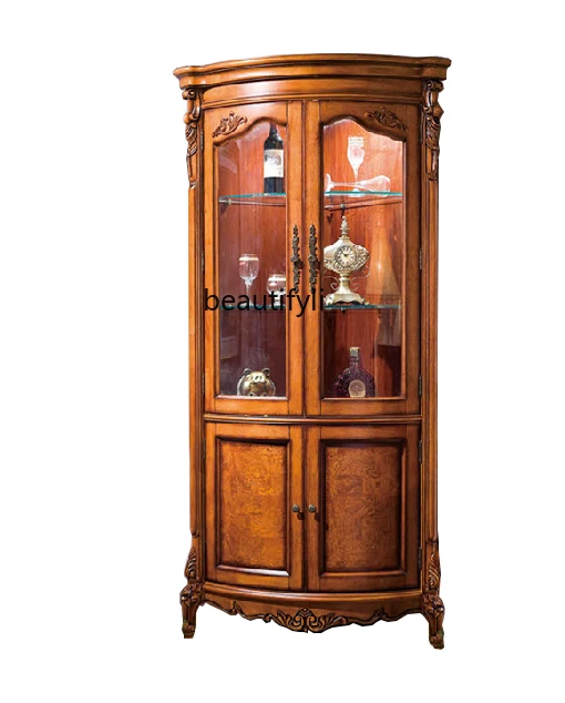 

American-Style Solid Wood Triangle Wine Cabinet Corner Luxury Curio Cabinet Living Room Dining Room Wall European-Style Carved
