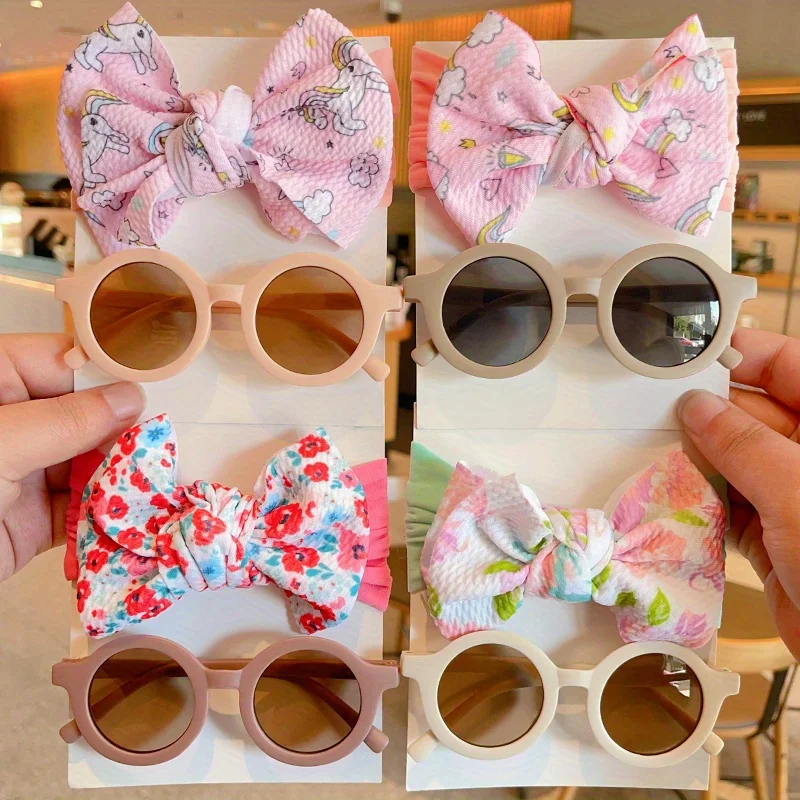 Haarband mit Schleife und Sonnenbrille-Set für Mädchen und Jungen, Blumendruck, Baby-Haarband, runde Sonnenbrille, Foto-Requisiten, Haaraccessoires 2026