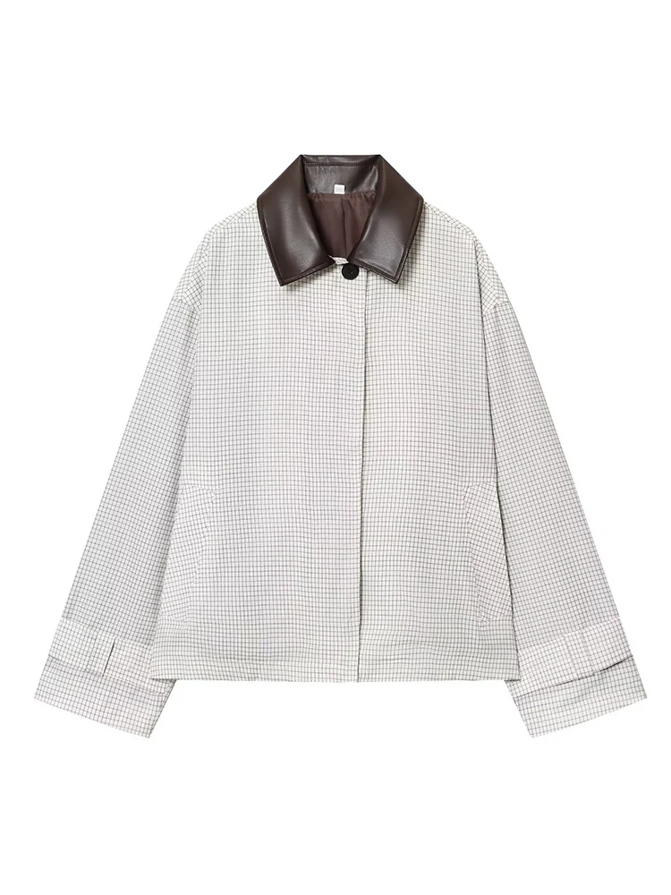 Women's Spliced Windbreaker Chic Lapel PU Collar Single Breasted Pocket Loose Jackets Ladies New Daily Commuting Outerwear