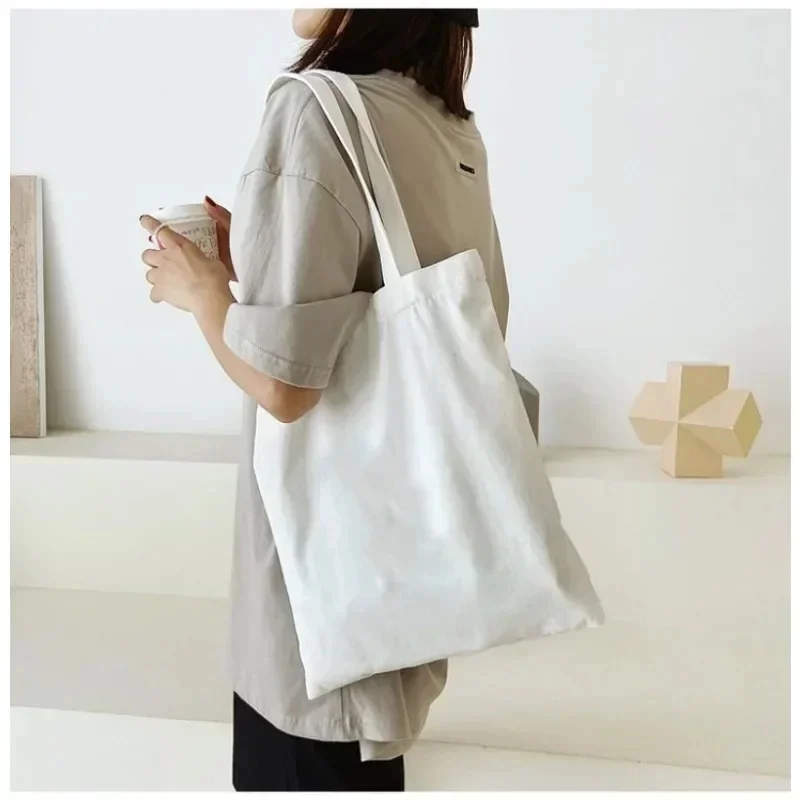 대용량 블랙 화이트 캔버스 숄더 토트 백 접이식 간단한 캐주얼 핸드백 재사용 가능한 DIY 숄더 백 쇼핑백
