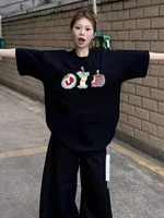 plus Size Women's Cotton T-irt ort Sve  Loose Design Summer Faion Print round Ne Mid-Length Korean Sle