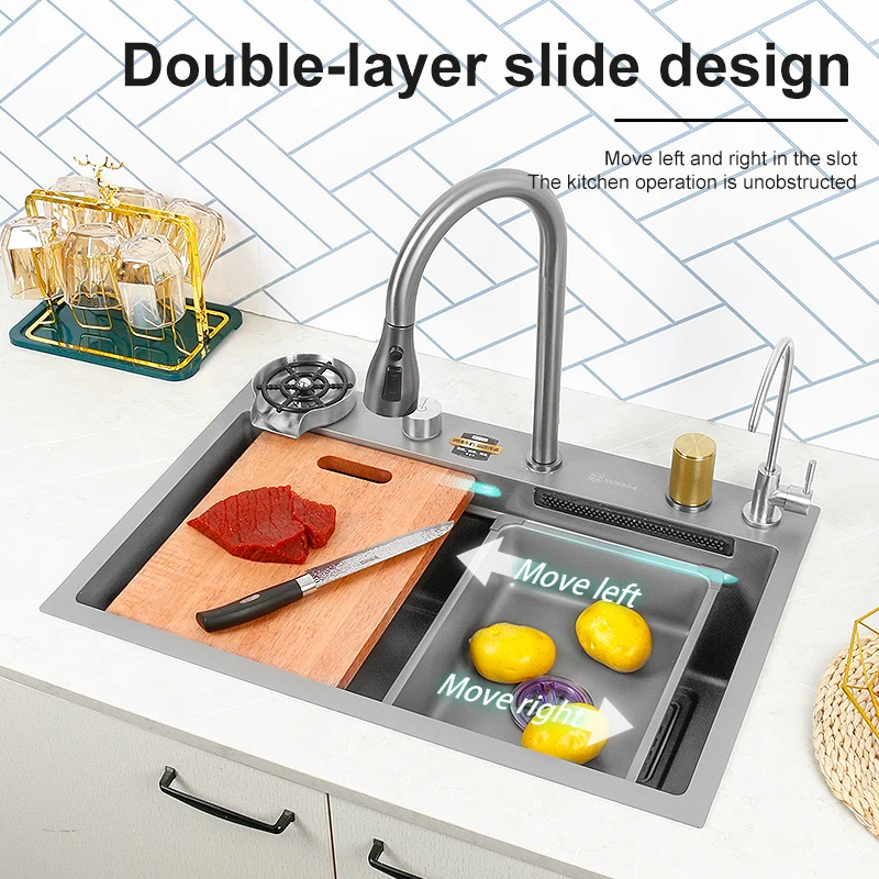 New Gray Nano Waterfall Kitchen Sink 304 Stainless Steel Sink Large Single Slot With Waterfall Faucet For Kitchen Renovation
