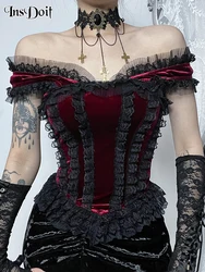 InsDoit Harajuku Velet Lace Trim Top Women  Mall Goth Aesthetic Grunge T Shirt Corset Crop Tank Top  E-girl Emo Streetwear