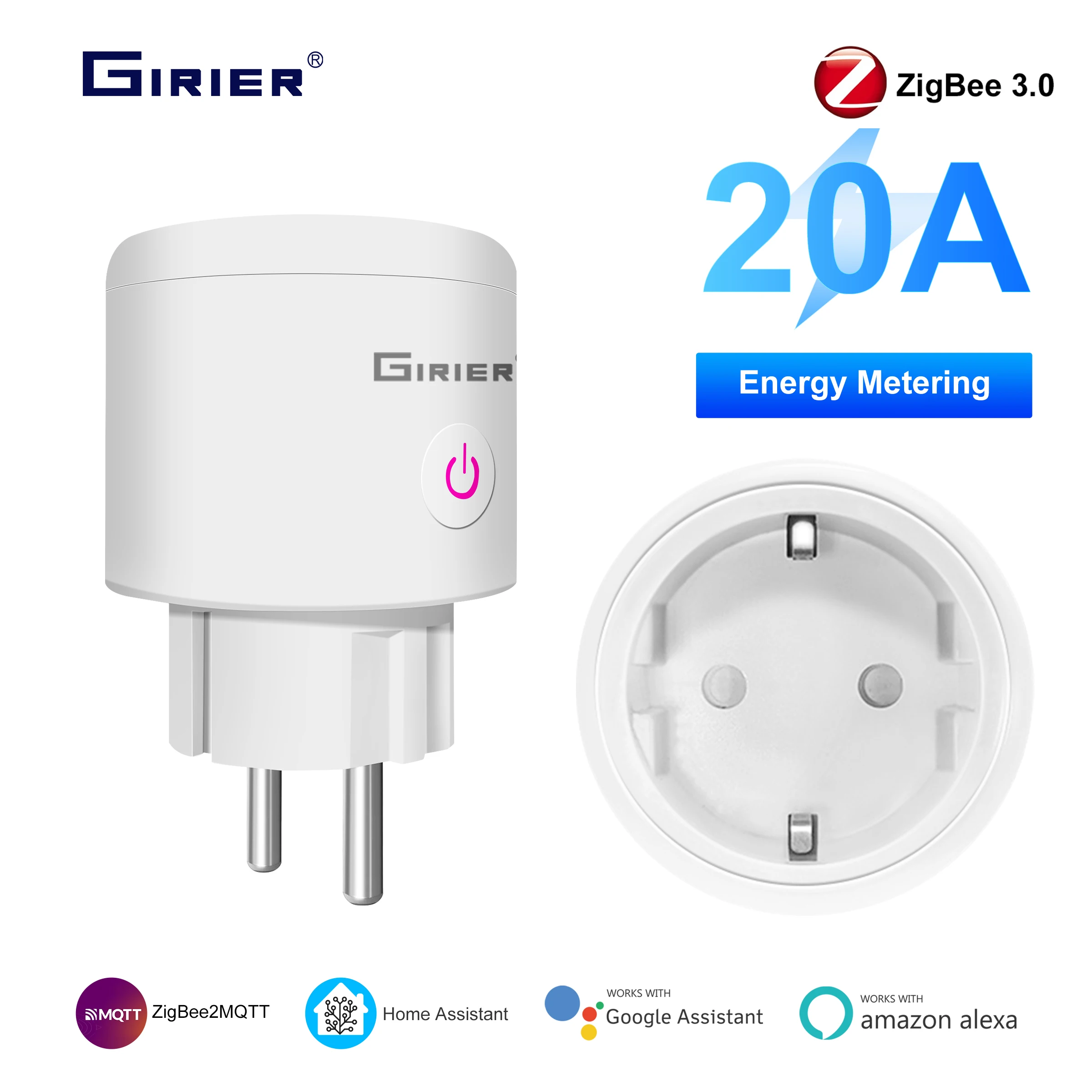 GIRIER Zigbee Smart Plug 20A Smart Home Socket Outlet EU Power การตรวจสอบฟังก์ชั่นจับเวลา 4200W ทํางาน Alexa เฮ้ Google Alice 1