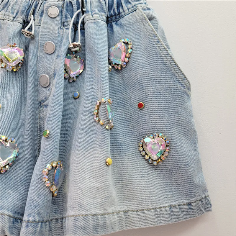 Exquisite Rhinestone Beaded White Love High Waist Slimming Wide-Leg Denim Shorts Women 2024 Summer New Short Jeans Booty Shorts