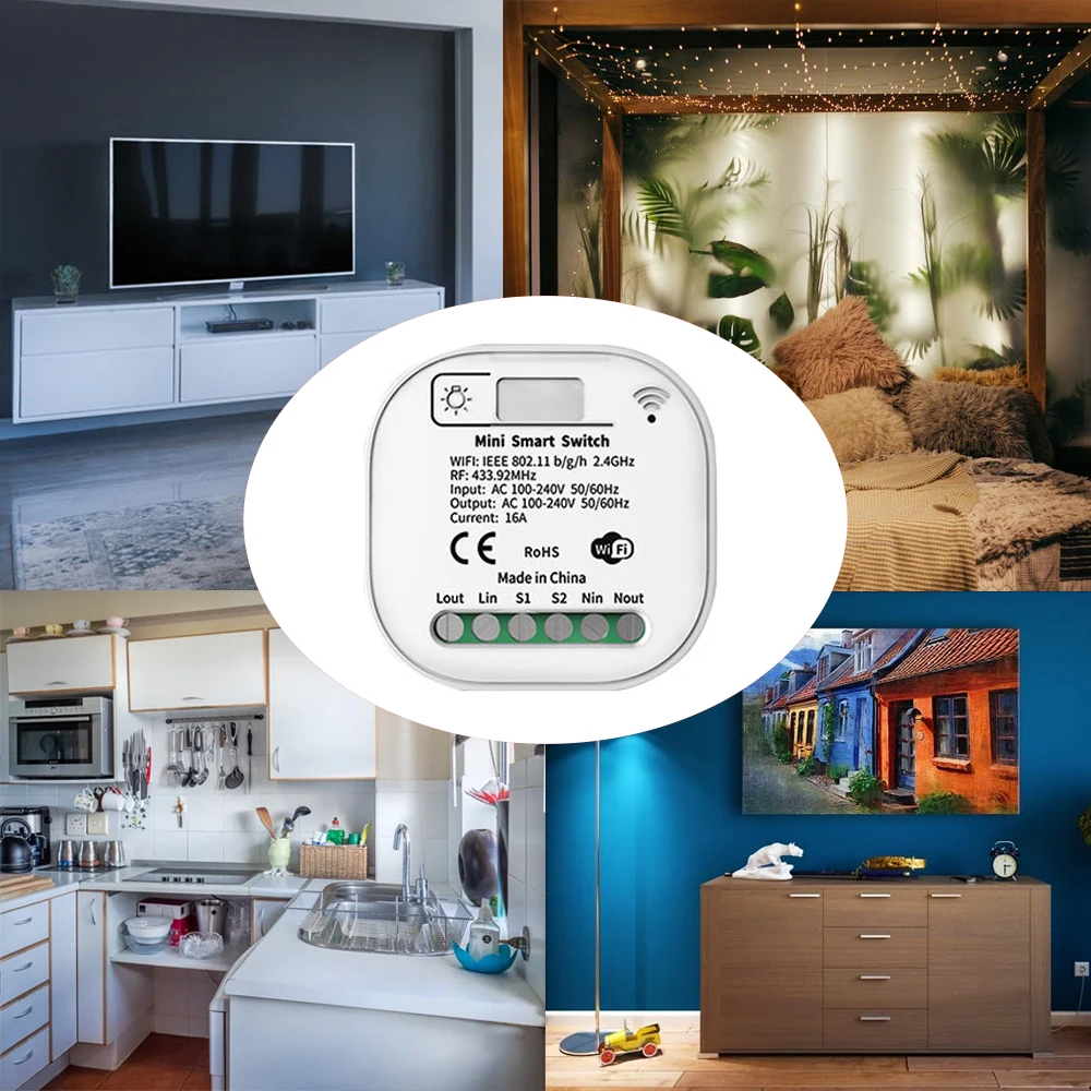 Tuya 무선 스마트 Wifi 조명 스위치 자체 전원 버튼 벽 스위치 배터리 없음 433Mhz 컨트롤러 220V 16A 인터럽터 Alexa