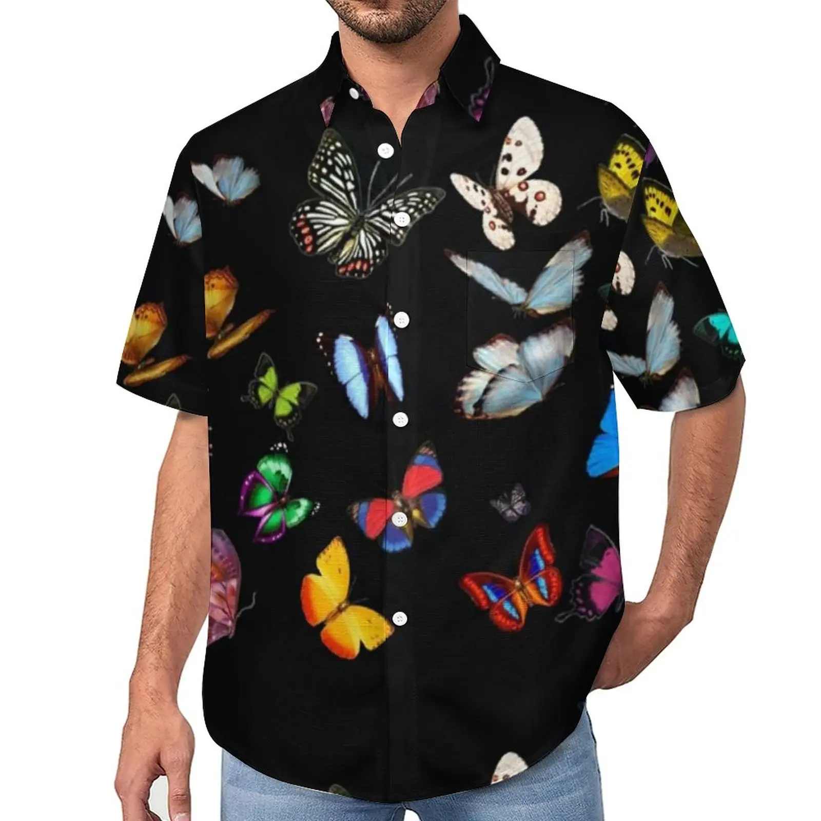 

Colorful Butterfly Loose Shirt Men Beach Lots of Pretty Butterflies Casual Shirts Hawaiian Design Fashion Oversized Blouses