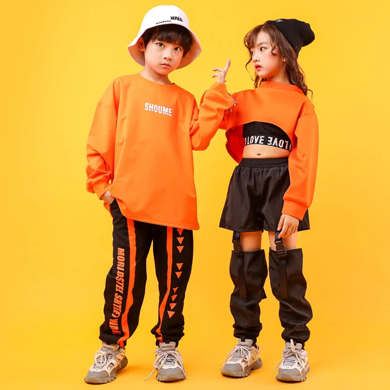 Hollow Causal Pants For Girl Boys Jazz Dance Costume vestiti abiti bambini Hip Hop abbigliamento felpa arancione T Shirt Top Crop