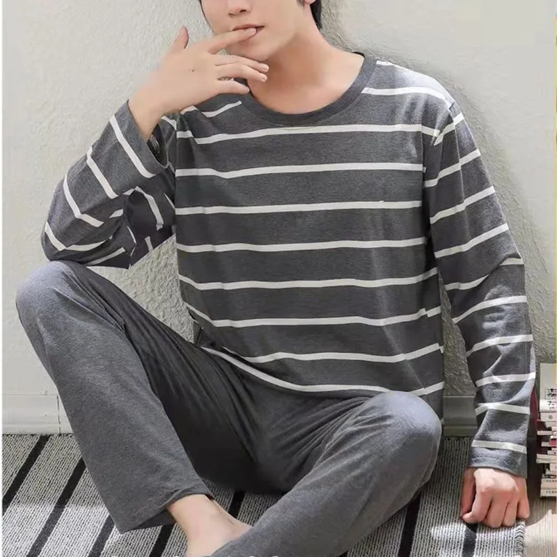 Man Pajamas Set Men Pajamas Long-Sleeved Autumn and Winter Pajamas Student Homewear Teenagers Autumn Striped Men Homewear Large Size Xl