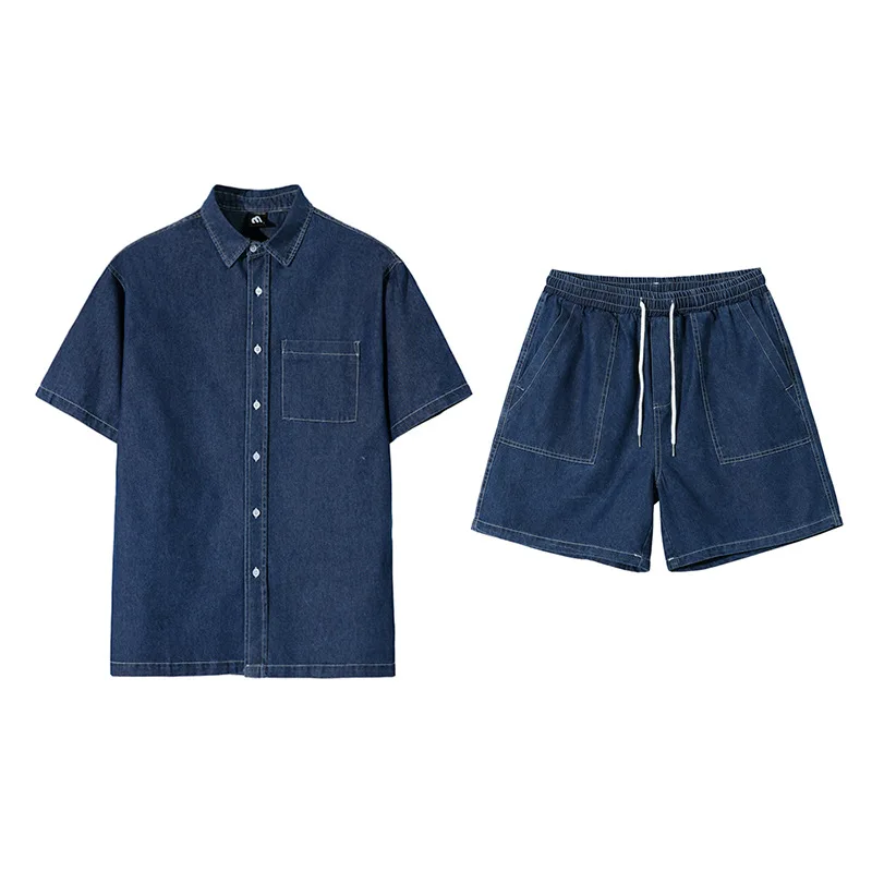 Daily relaxed casual men's suit (shirt 、shorts) made of vintage classic denim material, outdoor jacket.Workwear set 85%cotton 5