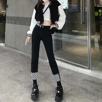 여성용 짧은 데님 바지, 스트레이트 레그 격자, 블랙 여성용 청바지, 크롭 및 카프리 바지, 주머니가 있는 하이 웨이스트 샷 스패x