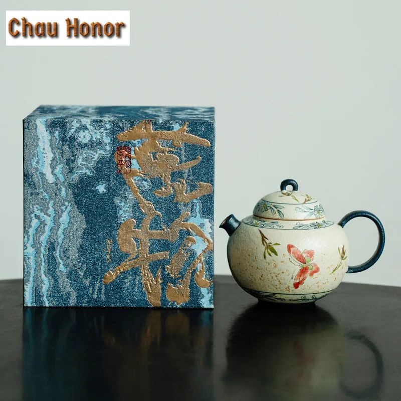135ml Teapot Blue And White Flint Red Handmade Gold Drawing Butterfly Orchid Pot Tea Making Kettle Chinese Tea Set Collection