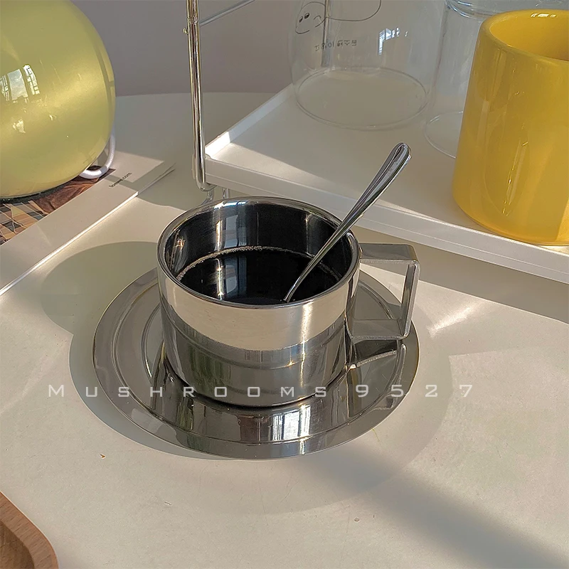 Korean Style Niche Coffee Cup and Saucer Set Retro Stainless Steel Coffee Cup Small Posing Vlog Afternoon Tea stainless steel cup coffee cup stainless steel cups coffee stirring cup stainless steel mug