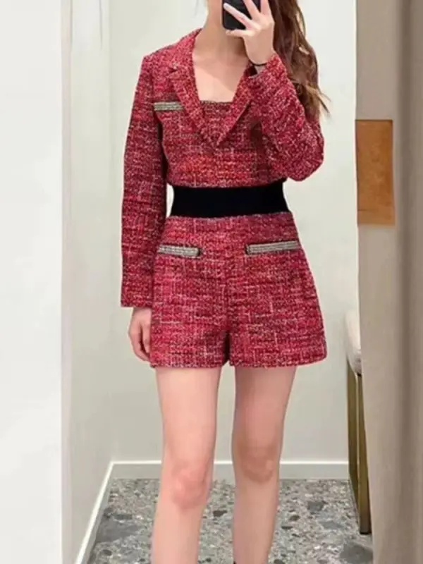 

2024 New Spring Women Red Tweed High Waist Romper A-Line Long Sleeve Splices Tailored Collar Fashion Vintage Playsuits for Lady